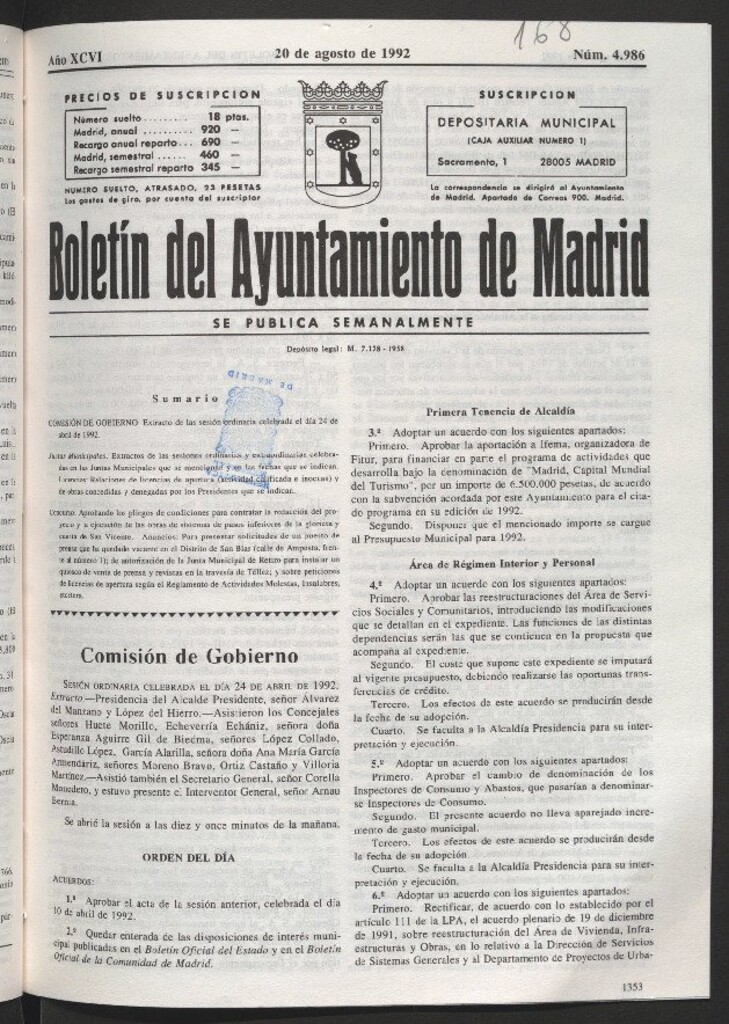 Miniatura de Boletín del Ayuntamiento de Madrid del 20 de agosto de 1992