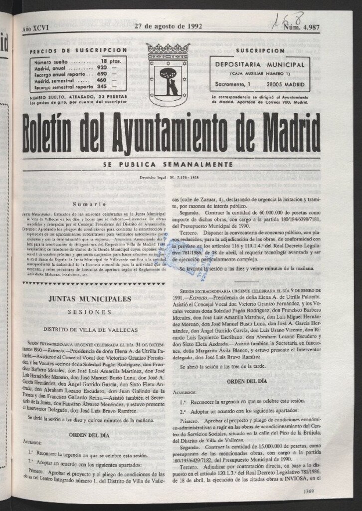 Miniatura de Boletín del Ayuntamiento de Madrid del 27 de agosto de 1992