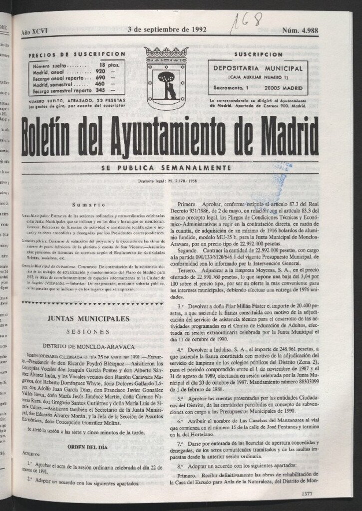 Miniatura de Boletín del Ayuntamiento de Madrid del 3 de septiembre de 1992