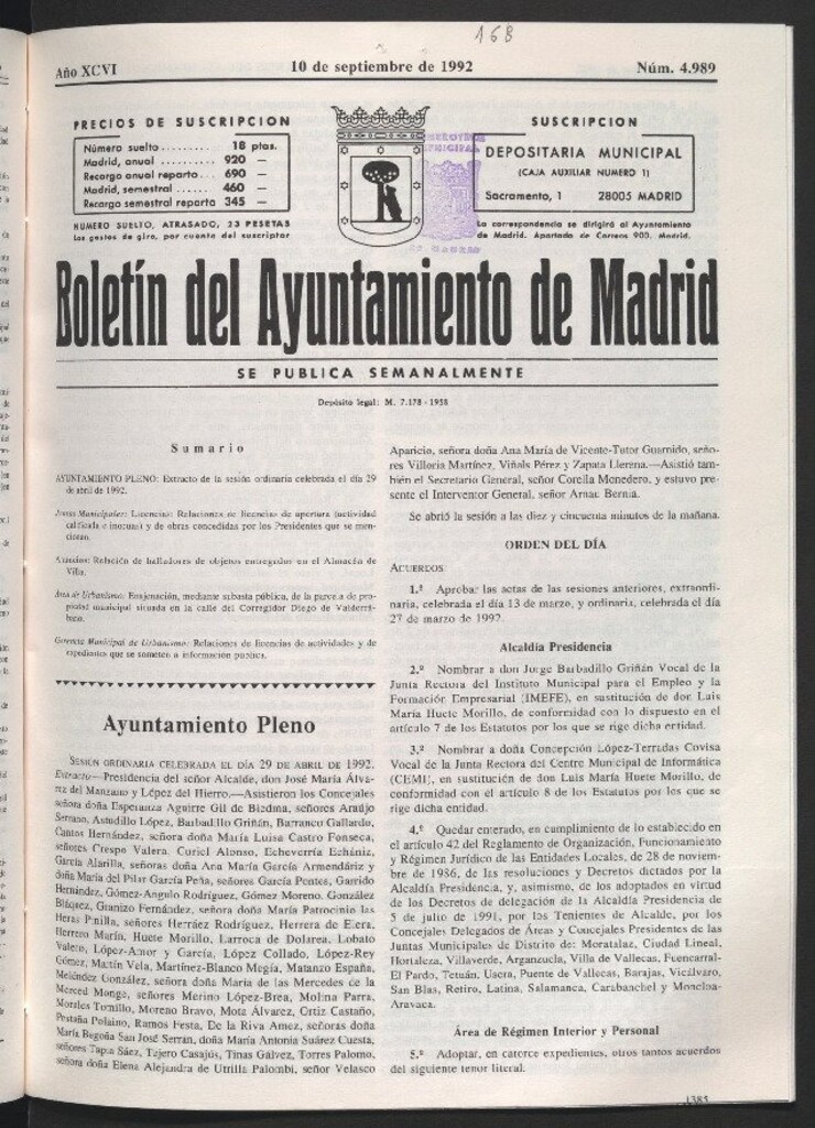Miniatura de Boletín del Ayuntamiento de Madrid del 10 de septiembre de 1992