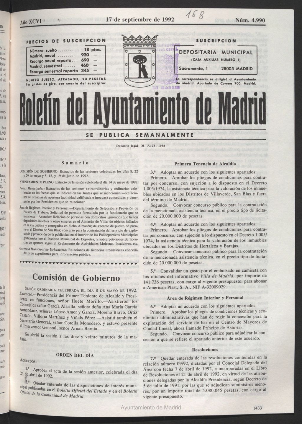 Miniatura de Boletín del Ayuntamiento de Madrid del 17 de septiembre de 1992
