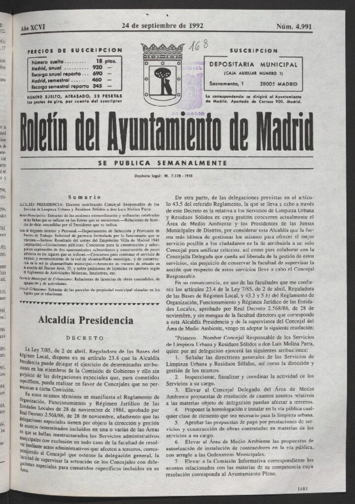 Miniatura de Boletín del Ayuntamiento de Madrid del 24 de septiembre de 1992