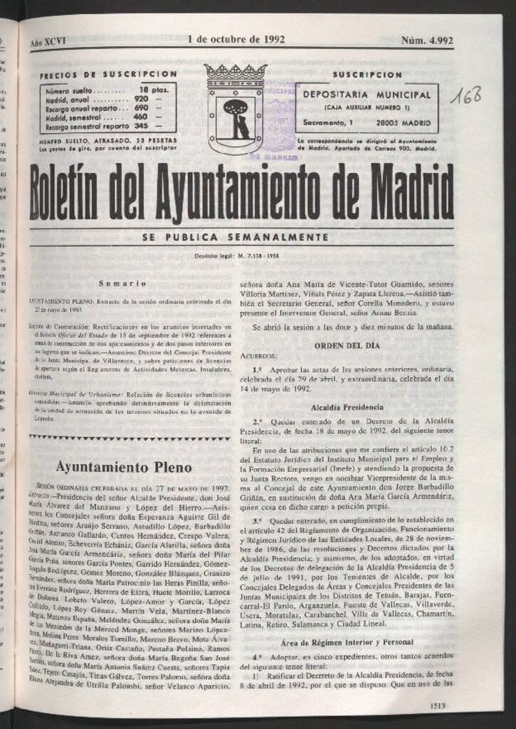 Miniatura de Boletín del Ayuntamiento de Madrid del 1 de octubre de 1992