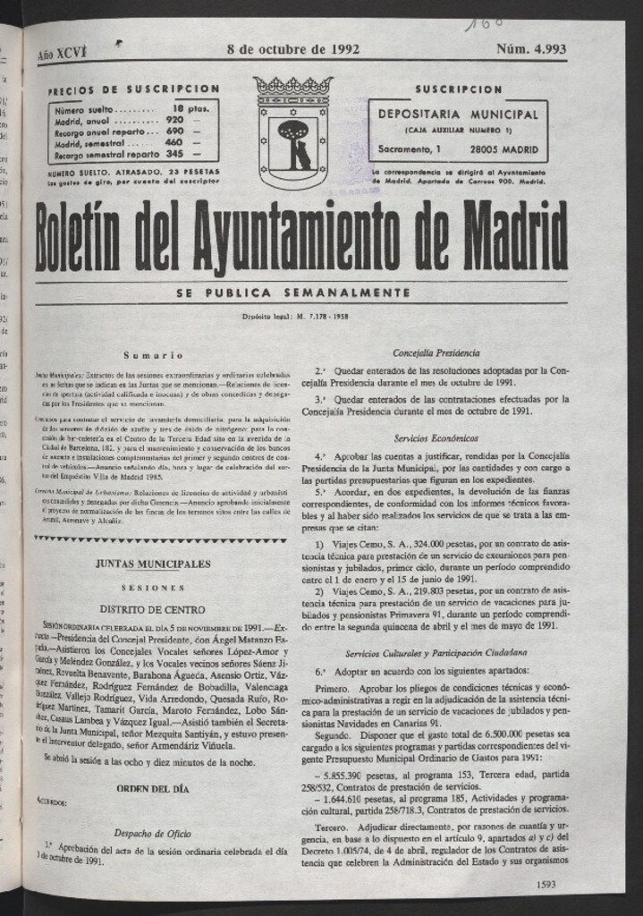 Miniatura de Boletín del Ayuntamiento de Madrid del 8 de octubre de 1992