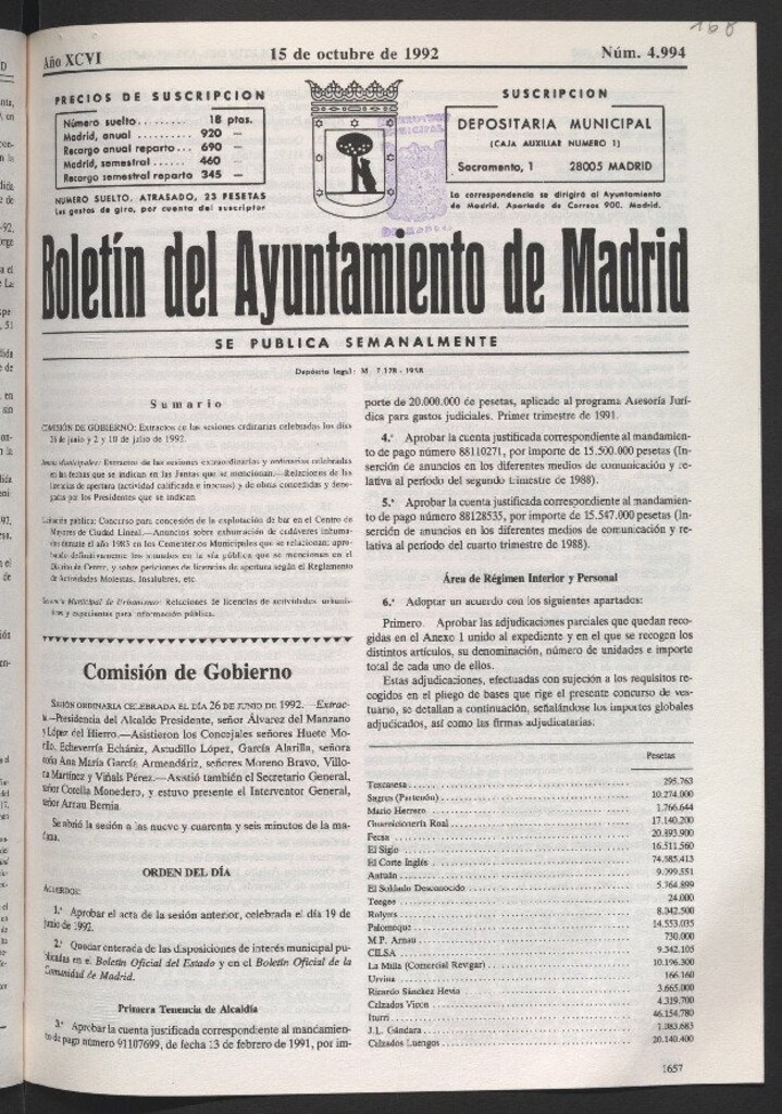 Miniatura de Boletín del Ayuntamiento de Madrid del 15 de octubre de 1992
