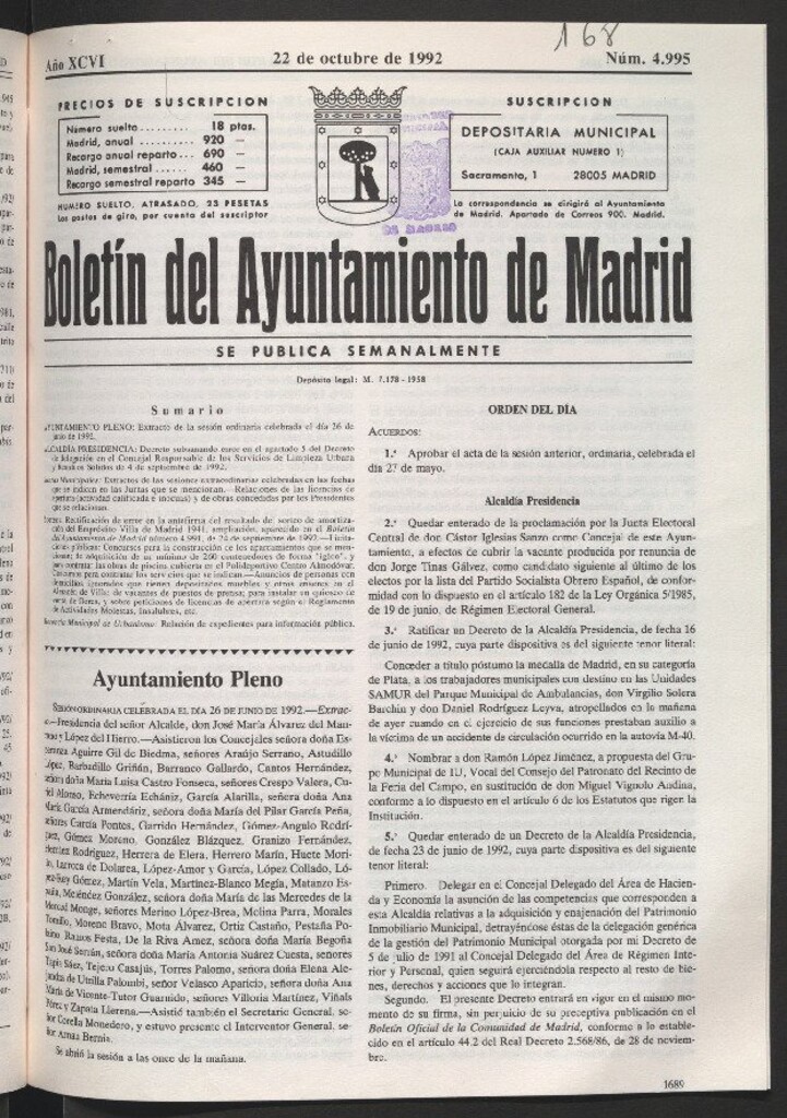 Miniatura de Boletín del Ayuntamiento de Madrid del 22 de octubre de 1992