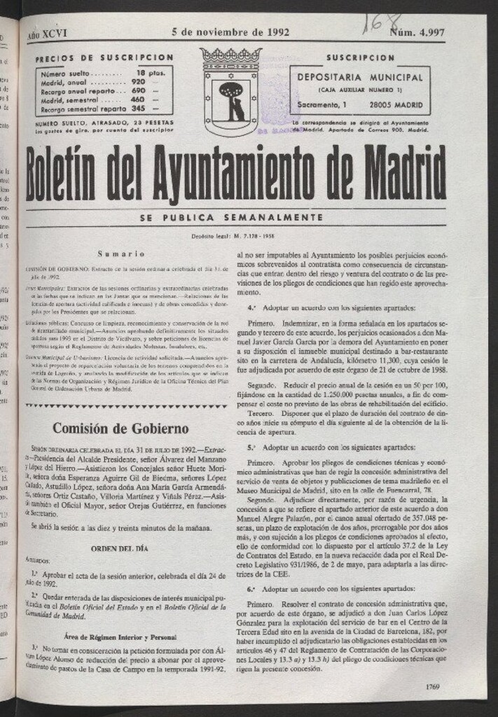 Miniatura de Boletín del Ayuntamiento de Madrid del 5 de noviembre de 1992