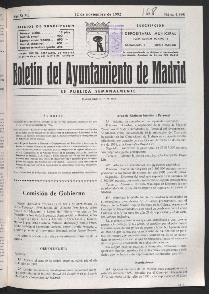 Miniatura de Boletín del Ayuntamiento de Madrid del 12 de noviembre de 1992