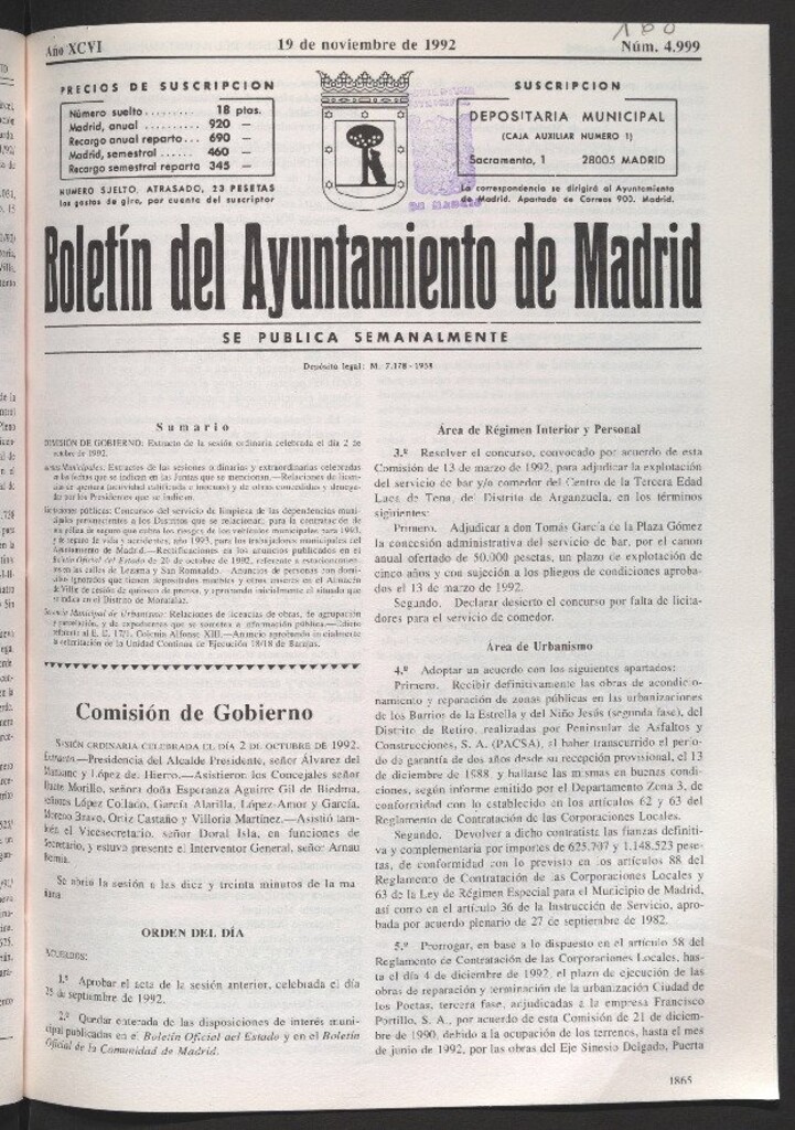 Miniatura de Boletín del Ayuntamiento de Madrid del 19 de noviembre de 1992