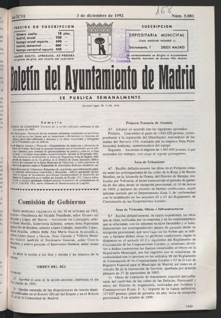 Miniatura de Boletín del Ayuntamiento de Madrid del 3 de diciembre de 1992
