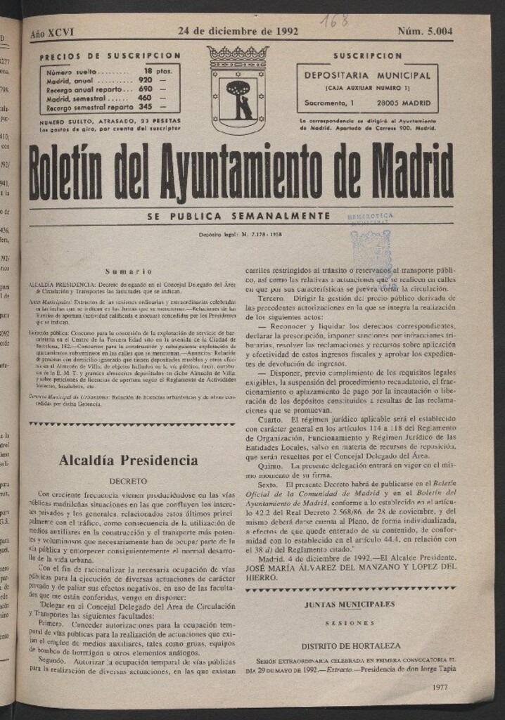 Miniatura de Boletín del Ayuntamiento de Madrid del 24 de diciembre de 1992