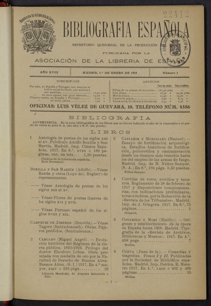 Miniatura de Bibliografía Española del 1 de enero de 1918