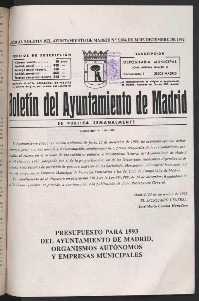 Miniatura de Anexo al Boletín del Ayuntamiento de Madrid del 24 de diciembre de 1992