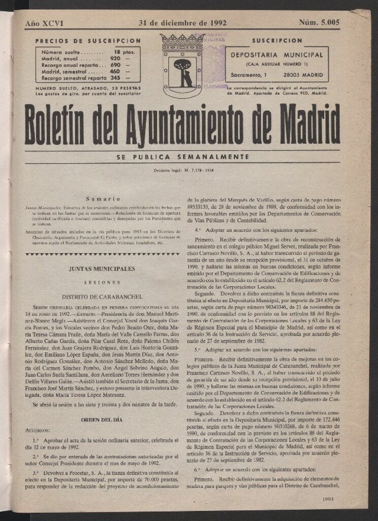 Miniatura de Boletín del Ayuntamiento de Madrid del 31 de diciembre de 1992