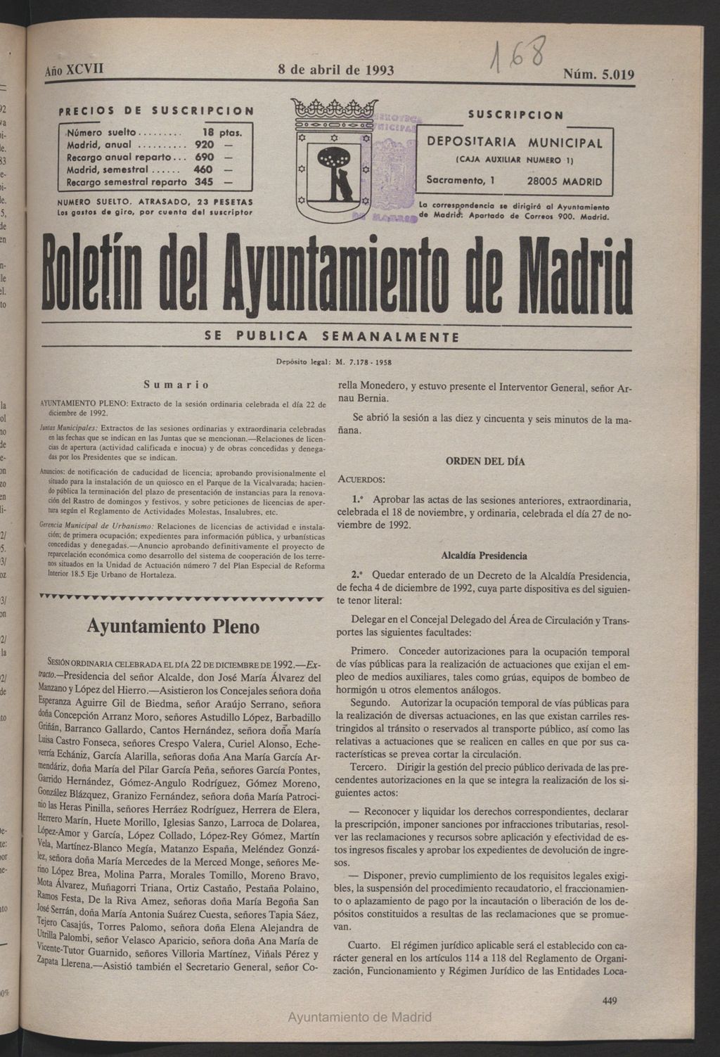 Miniatura de Boletín del Ayuntamiento de Madrid del 8 de abril de 1993