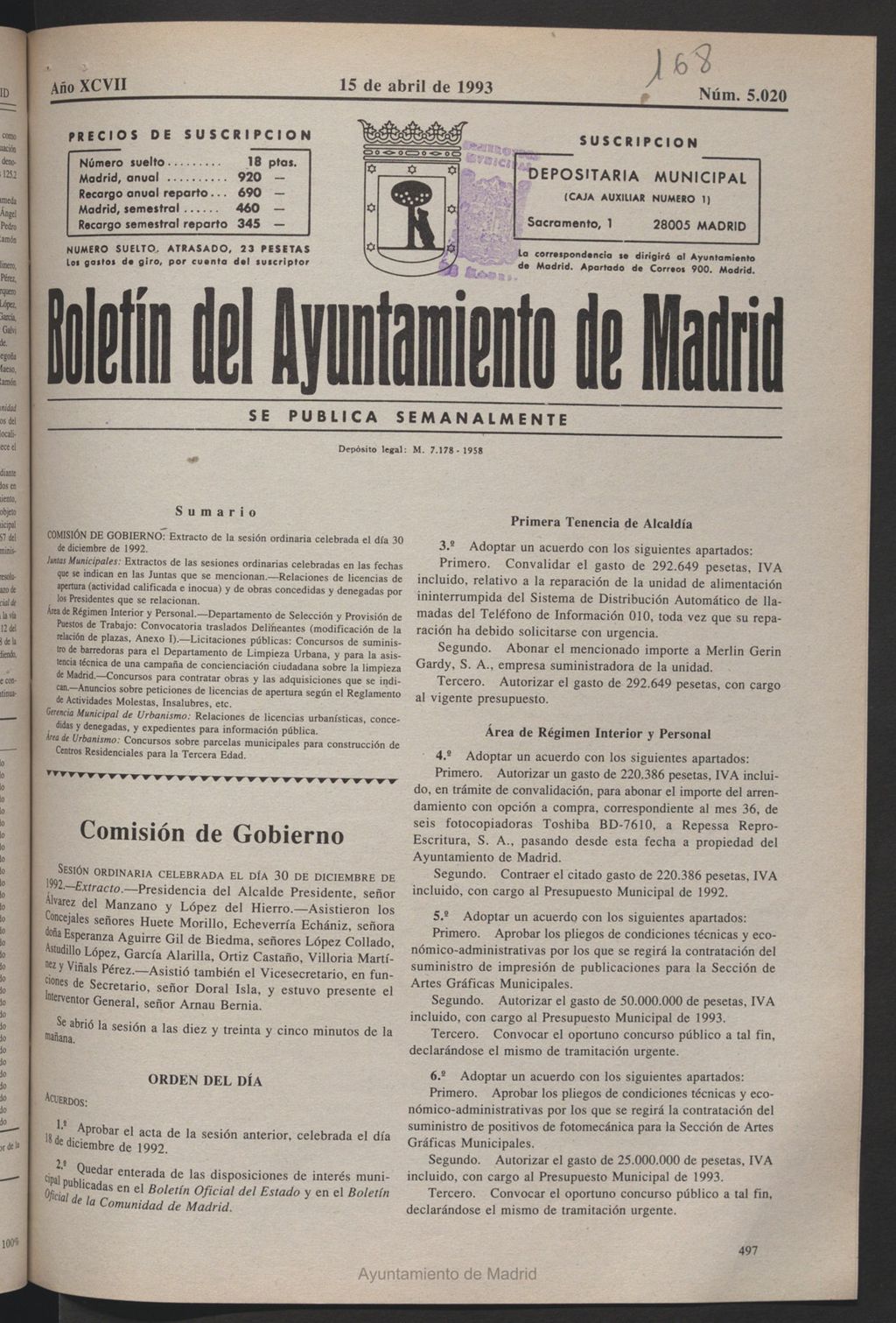 Miniatura de Boletín del Ayuntamiento de Madrid del 15 de abril de 1993
