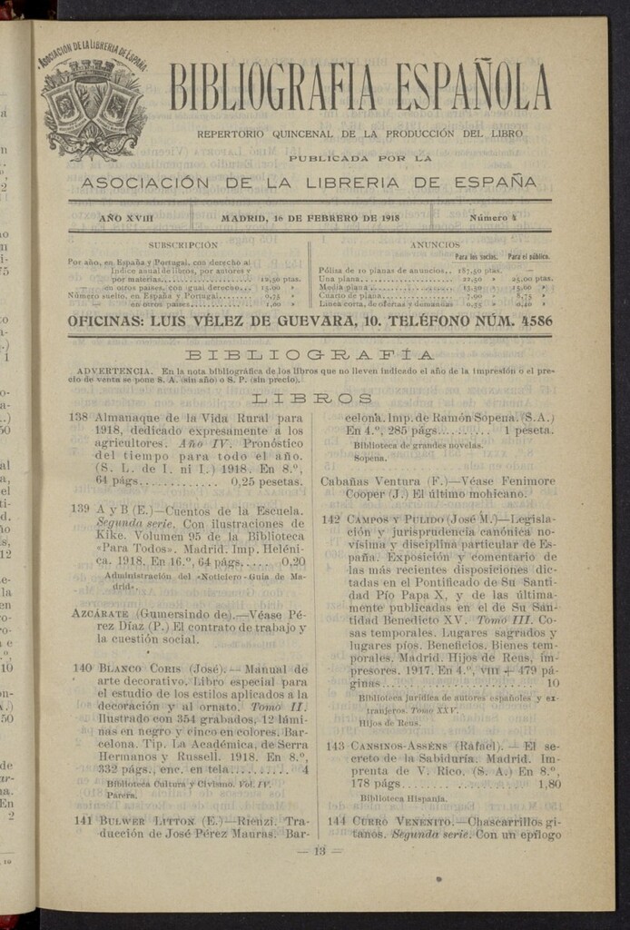 Miniatura de Bibliografía Española del 16 de febrero de 1918