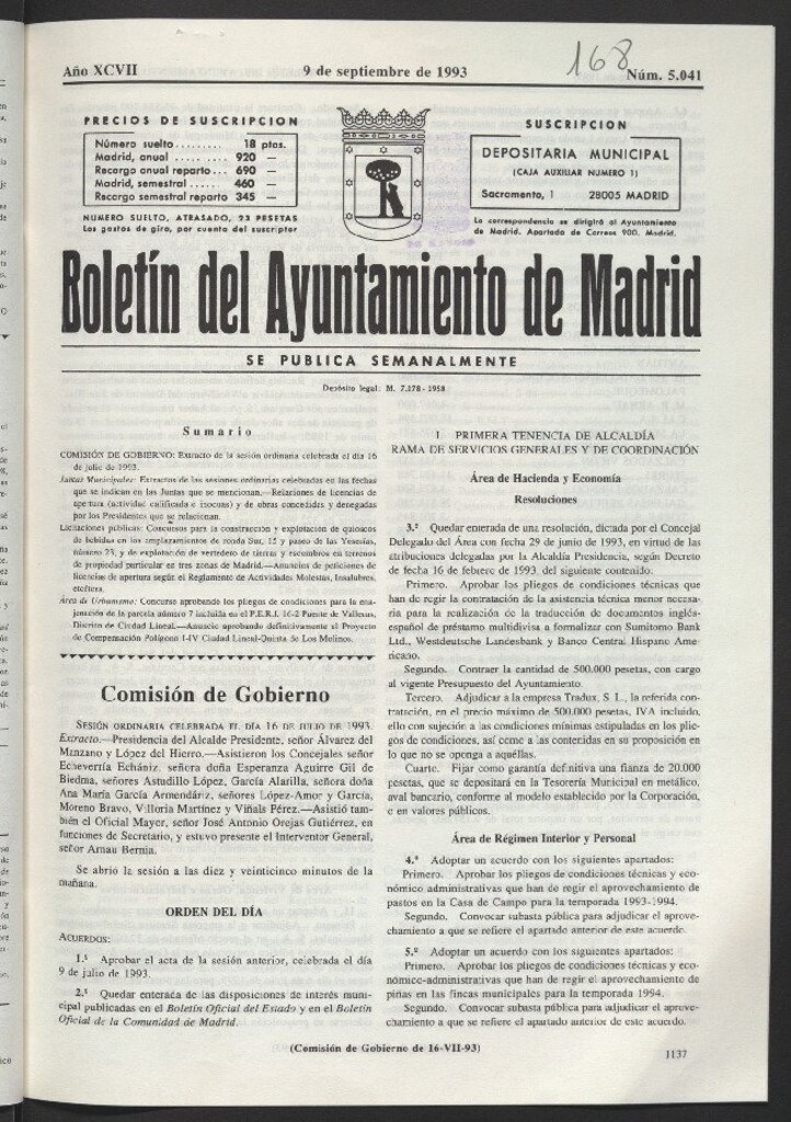 Miniatura de Boletín del Ayuntamiento de Madrid del 9 de septiembre de 1993