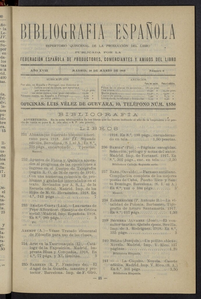 Miniatura de Bibliografía Española del 16 de marzo de 1918