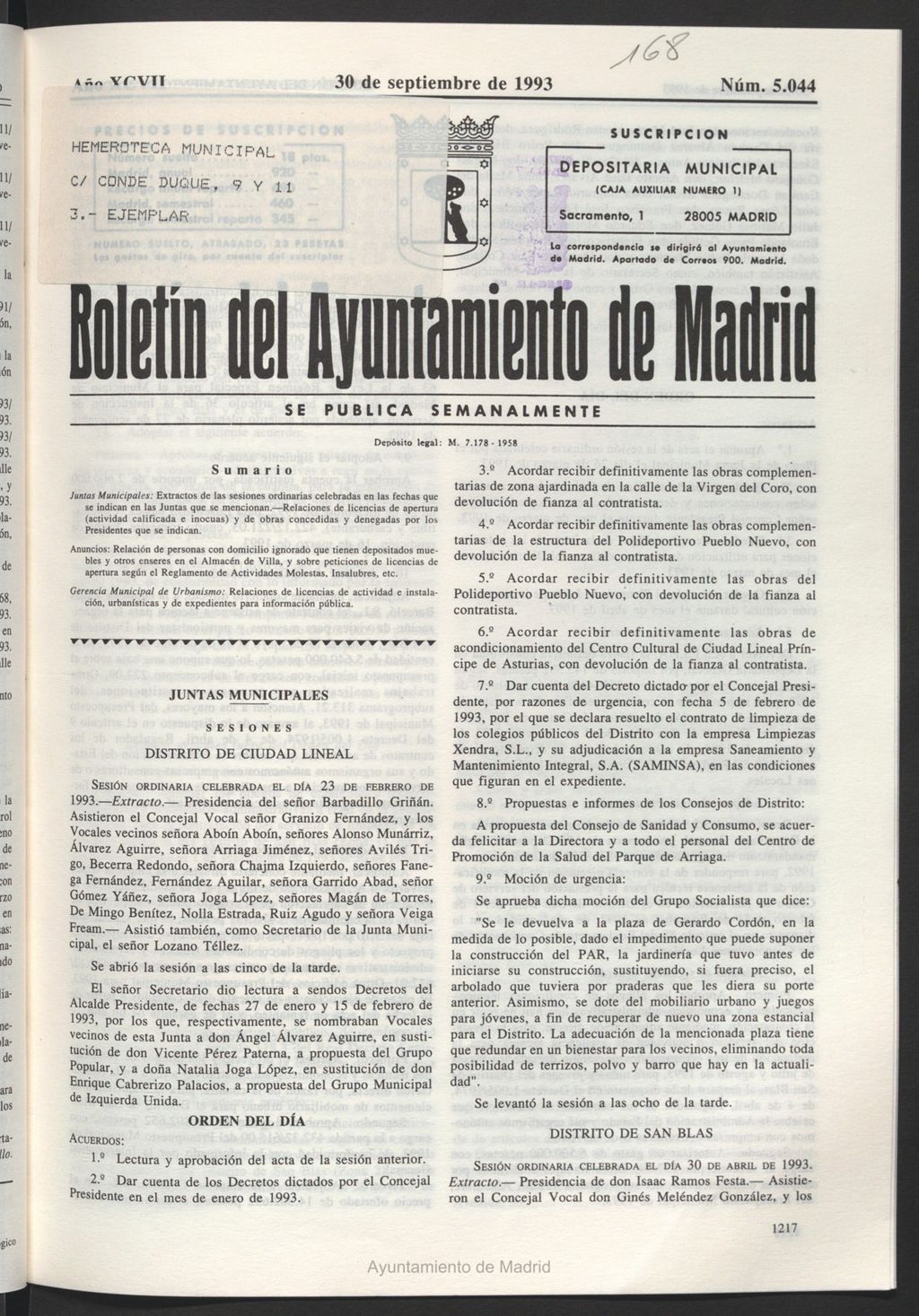 Miniatura de Boletín del Ayuntamiento de Madrid del 30 de septiembre de 1993