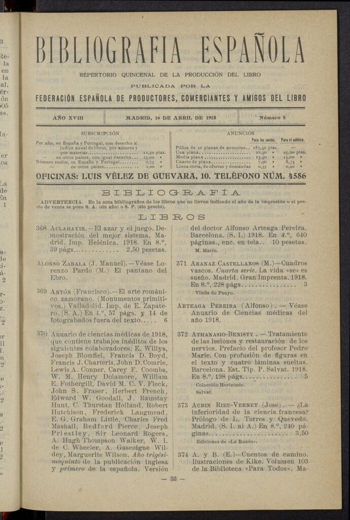 Miniatura de Bibliografía Española del 16 de abril de 1918