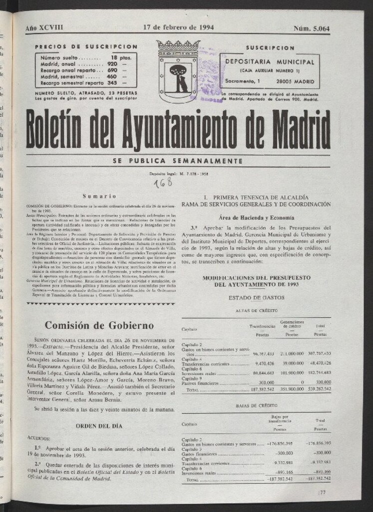 Miniatura de Boletín del Ayuntamiento de Madrid del 17 de febrero de 1994