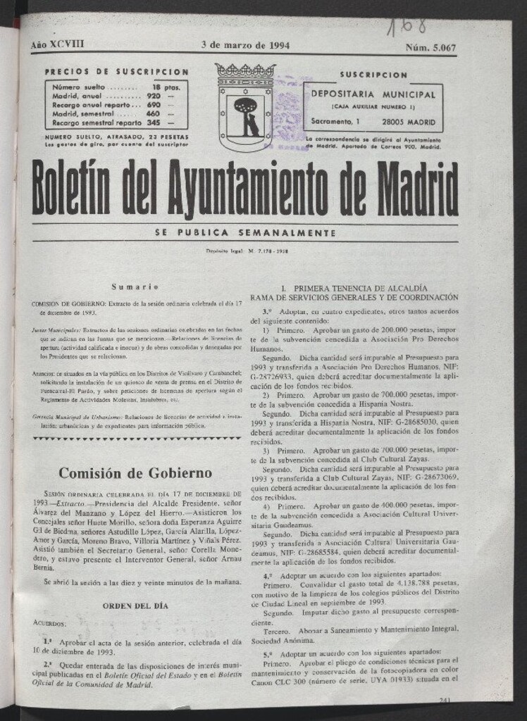 Miniatura de Boletín del Ayuntamiento de Madrid del 3 de marzo de 1994