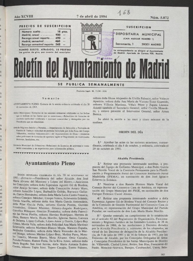 Miniatura de Boletín del Ayuntamiento de Madrid del 7 de abril de 1994
