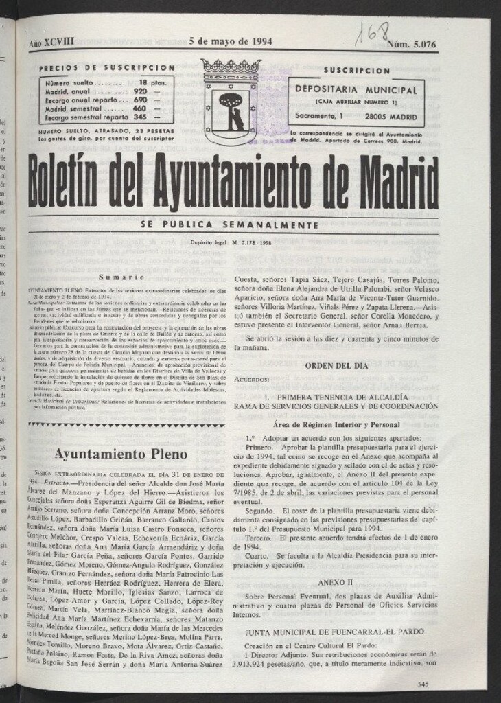 Miniatura de Boletín del Ayuntamiento de Madrid del 5 de mayo de 1994