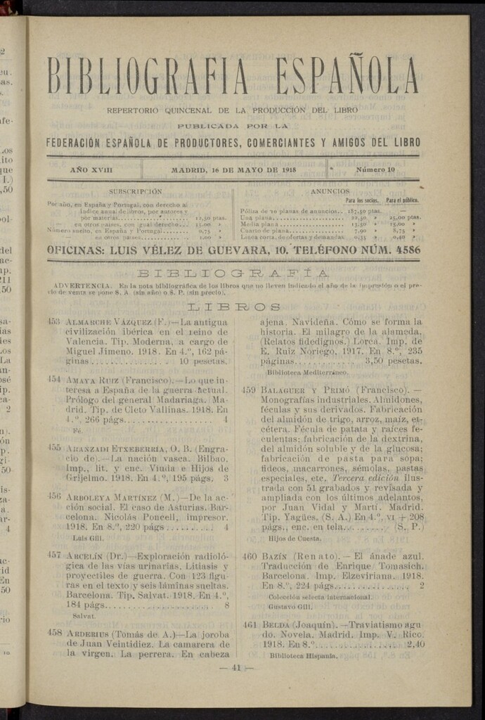 Miniatura de Bibliografía Española del 16 de mayo de 1918