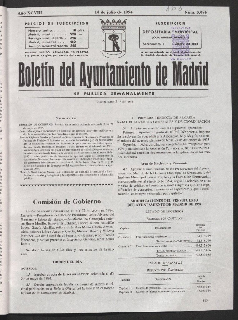 Miniatura de Boletín del Ayuntamiento de Madrid del 14 de julio de 1994