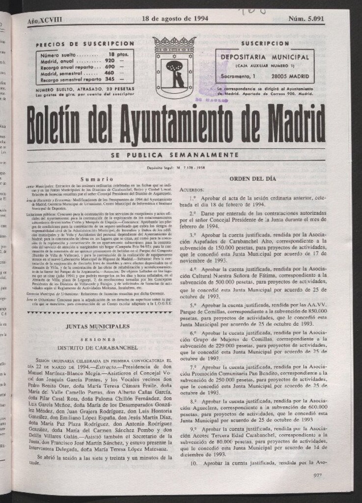 Miniatura de Boletín del Ayuntamiento de Madrid del 18 de agosto de 1994