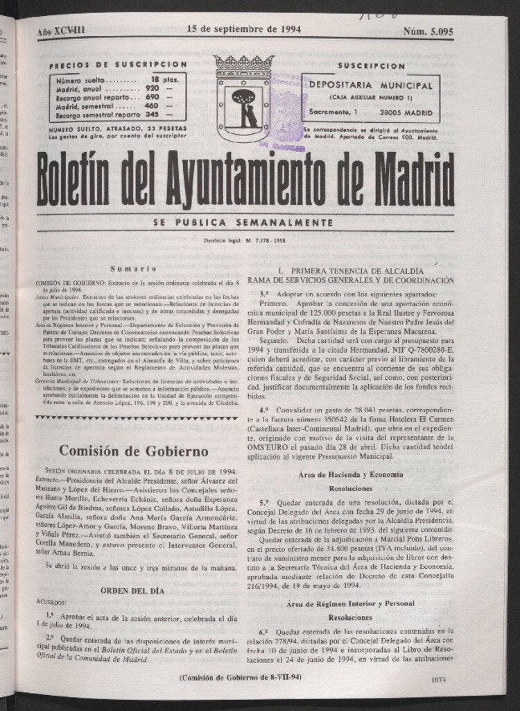 Miniatura de Boletín del Ayuntamiento de Madrid del 15 de septiembre de 1994