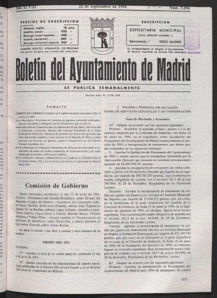 Miniatura de Boletín del Ayuntamiento de Madrid del 22 de septiembre de 1994