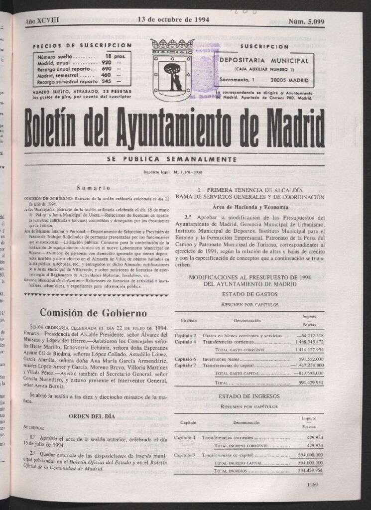Miniatura de Boletín del Ayuntamiento de Madrid del 13 de octubre de 1994