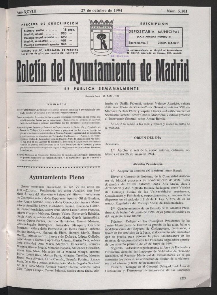 Miniatura de Boletín del Ayuntamiento de Madrid del 27 de octubre de 1994