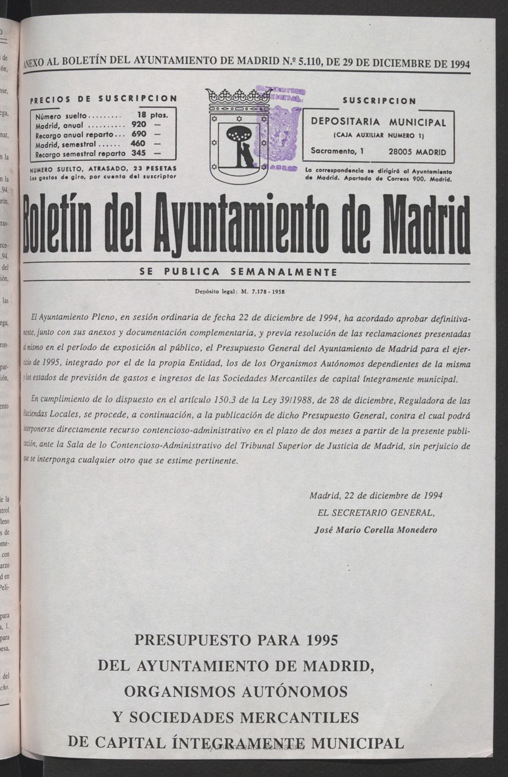 Miniatura de Anexo al Boletín del Ayuntamiento de Madrid del 29 de diciembre de 1994