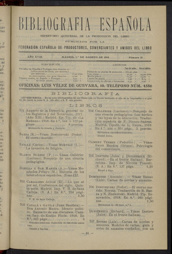 Miniatura de Bibliografía Española del 1 de agosto de 1918
