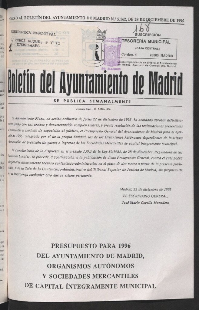 Miniatura de Anexo al Boletín del Ayuntamiento de Madrid del 28 de diciembre de 1995
