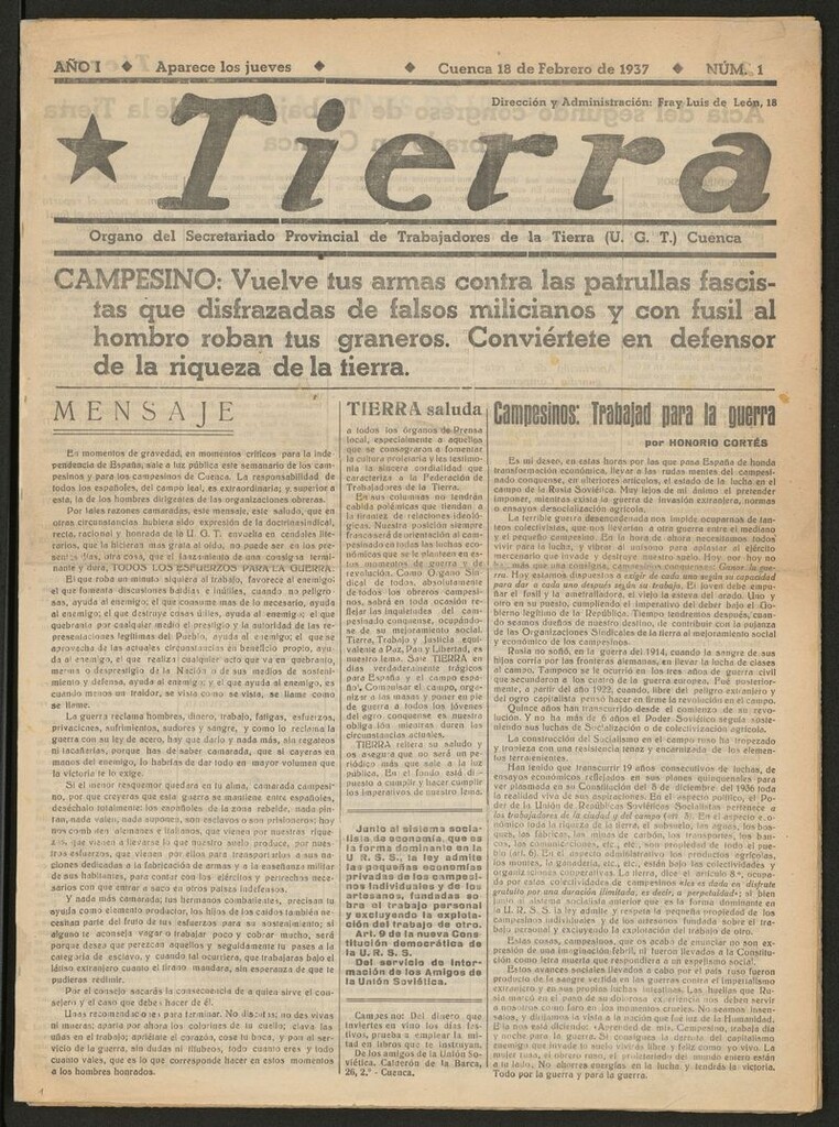 Miniatura de Tierra : órgano del Secretariado Provincial de Trabajadores de la Tierra, U.G.T. del