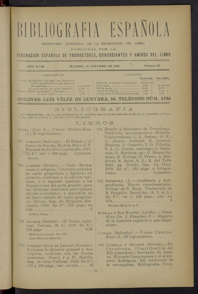 Miniatura de Bibliografía Española del 16 de octubre de 1918