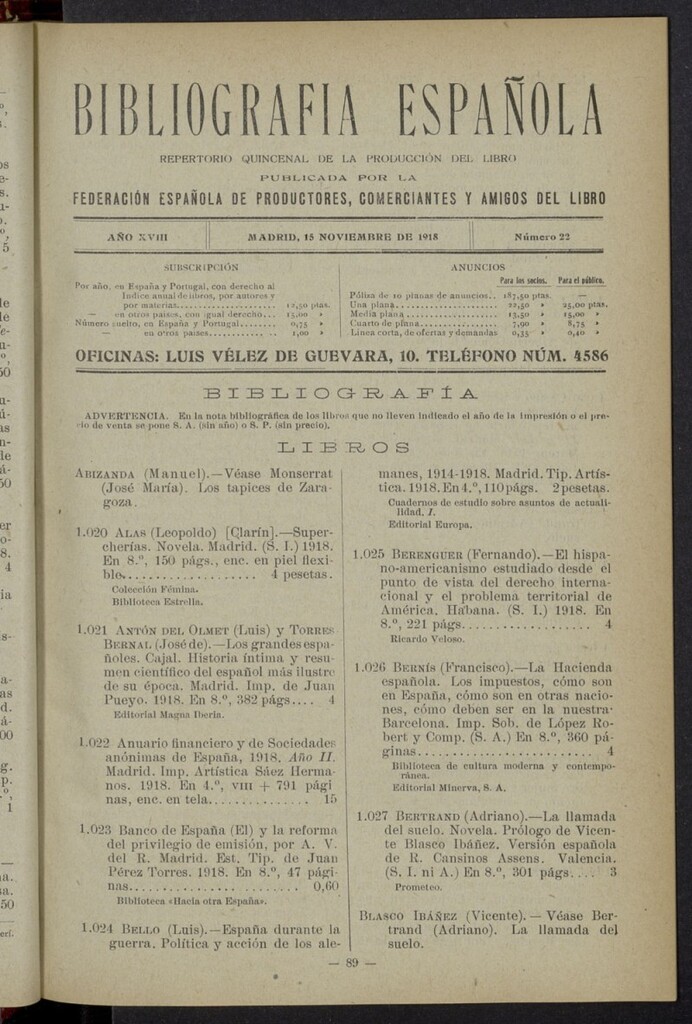 Miniatura de Bibliografía Española del 16 de noviembre de 1918
