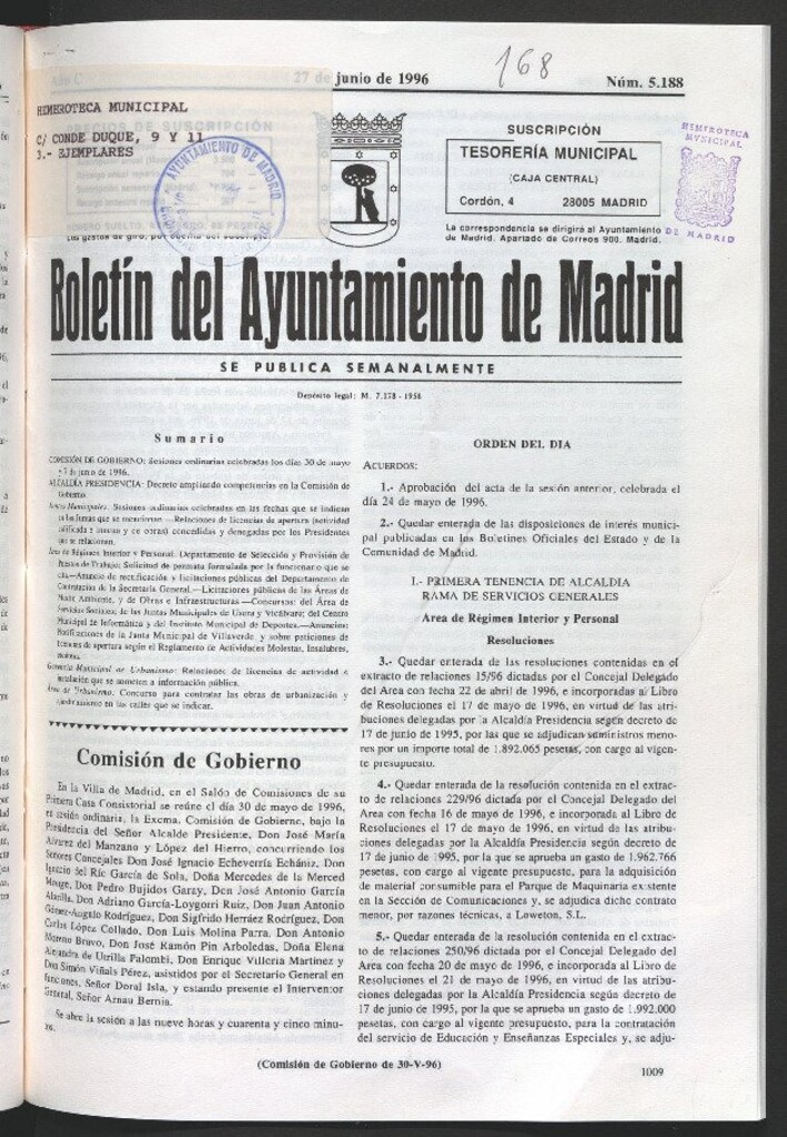 Miniatura de Boletín del Ayuntamiento de Madrid del 27 de junio de 1996