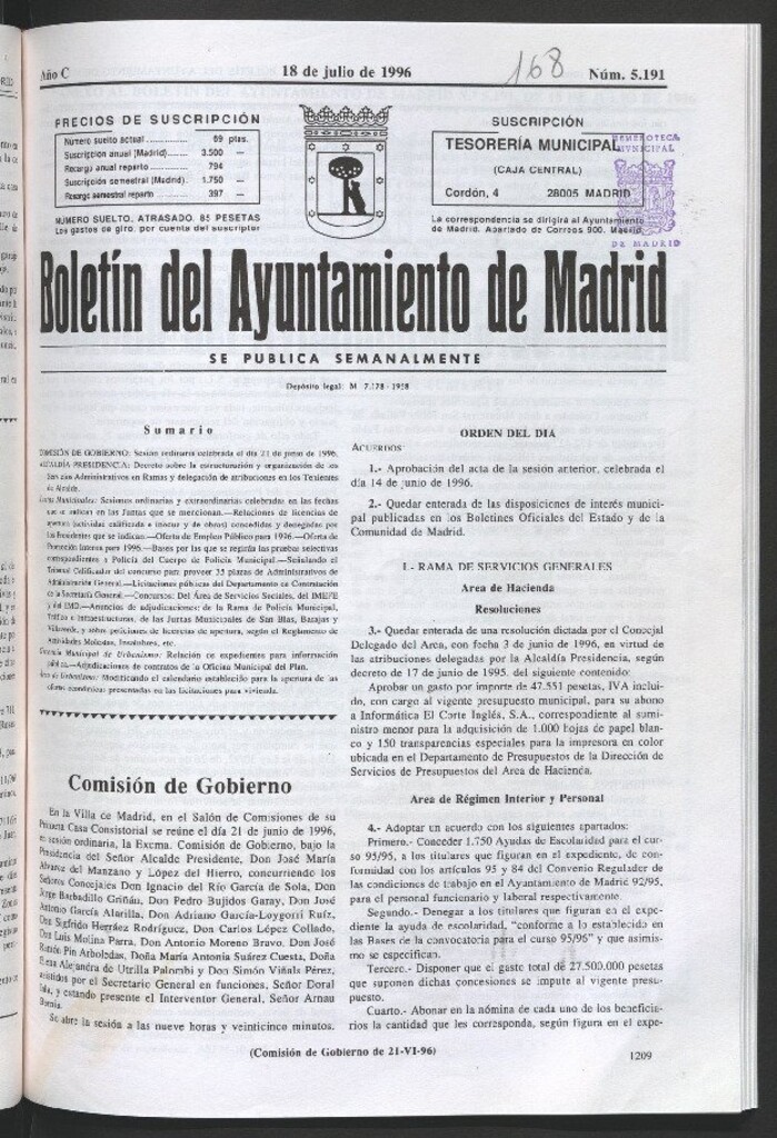 Miniatura de Boletín del Ayuntamiento de Madrid del 18 de julio de 1996
