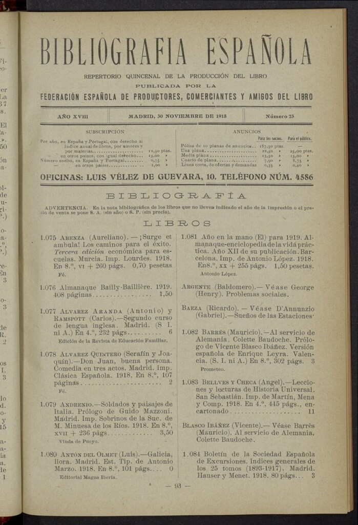 Miniatura de Bibliografía Española del 30 de noviembre de 1918