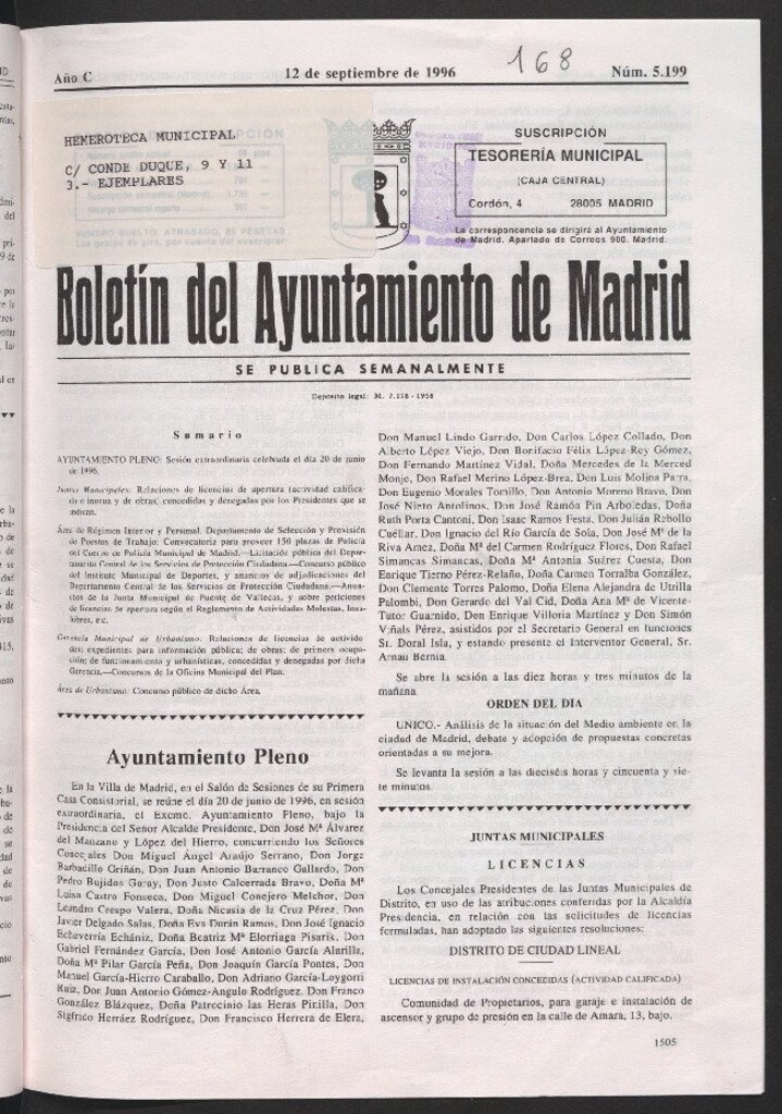 Miniatura de Boletín del Ayuntamiento de Madrid del 12 de septiembre de 1996
