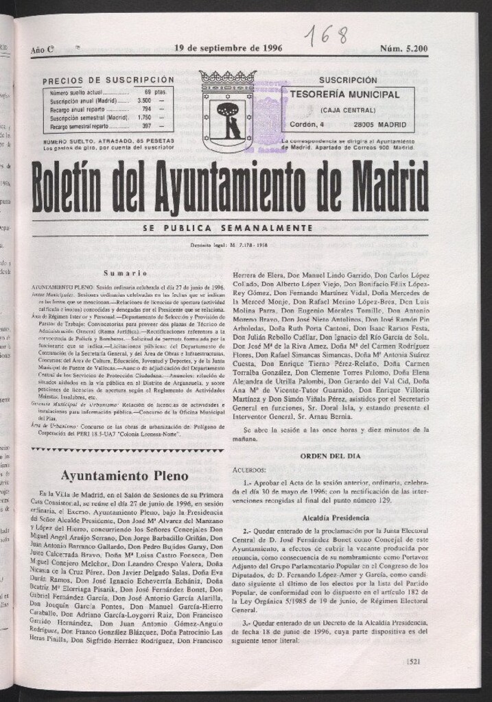 Miniatura de Boletín del Ayuntamiento de Madrid del 19 de septiembre de 1996