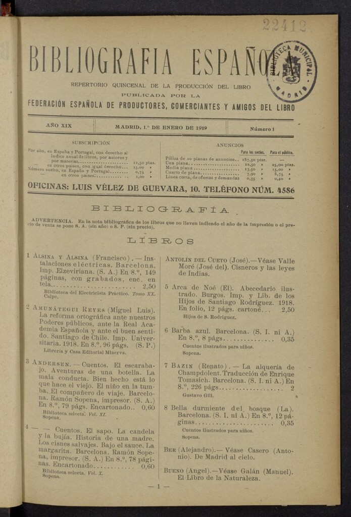 Miniatura de Bibliografía Española del 1 de enero de 1919