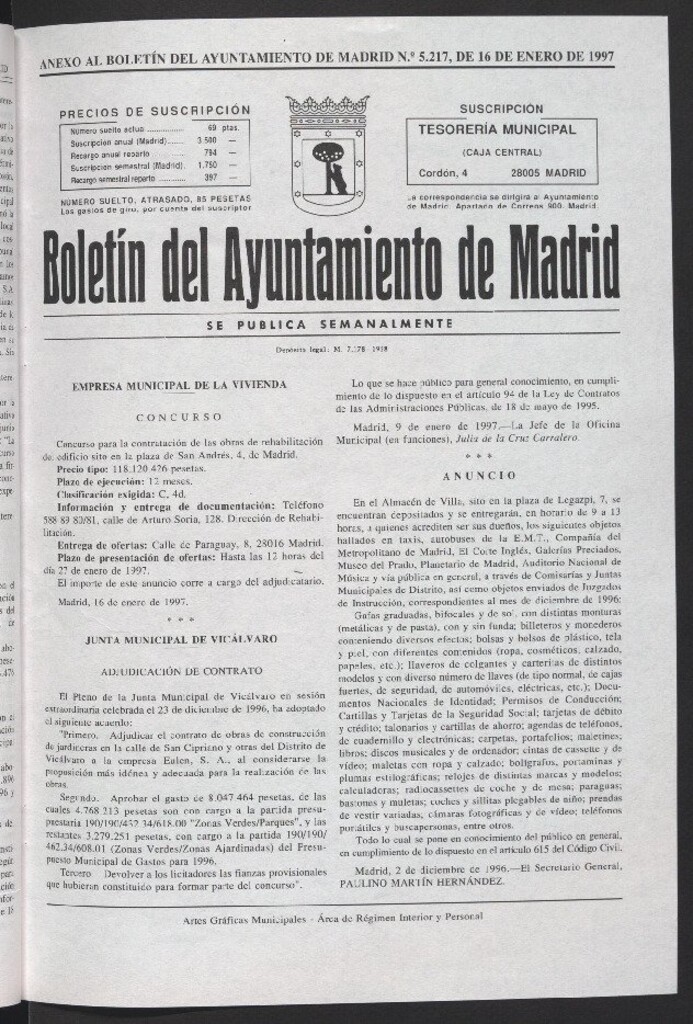 Miniatura de Anexo al Boletín del Ayuntamiento de Madrid del 16 de enero de 1997