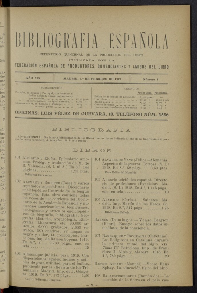 Miniatura de Bibliografía Española del 1 de febrero de 1919